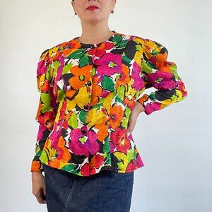 Vintage 80s Floral Puff Sleeve Shirt Size 8 US